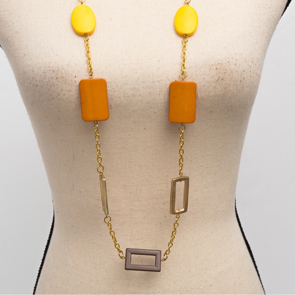 Longer length necklace geometric shapes 60s vibe gold, yellow, orange & brown - Picture 6 of 11